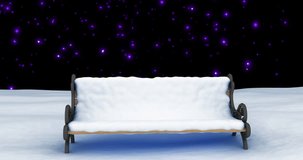 Animation of merry christmas text and bench in snow background. Christmas, tradition and celebration concept digitally generated video.