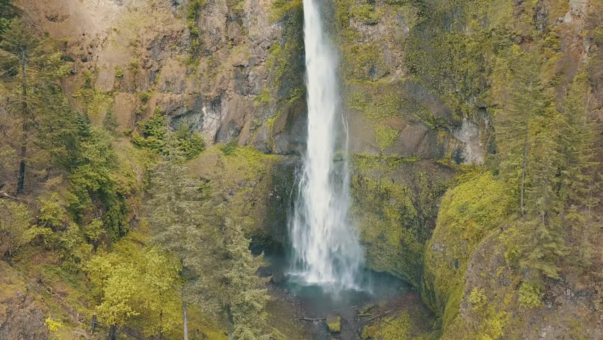 Multnomah Falls and the foot bridge across in the Columbia River Gorge (aerial photography)