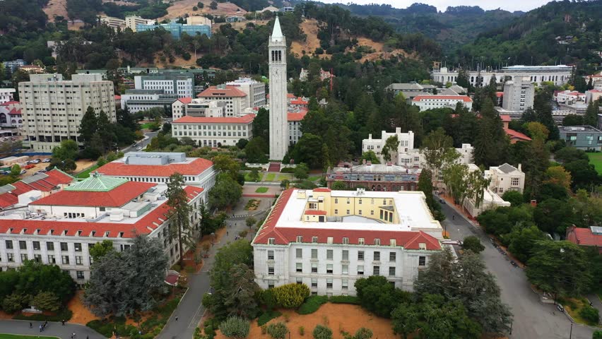 Aerial view passing the Campanile, Sather Tower of the University of California in Berkeley, USA