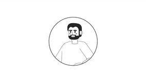Bearded caucasian man looking at phone black and white 2D avatar animation. Holds mobile beard european adult male outline cartoon 4K video, alpha channel. Social media user animated portrait isolated