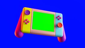 A portable game console with a green screen moves on a blue background