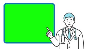 Young male doctor explaining in video frame. Inside the frame is chroma key. (white background)