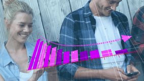 Animation of arrow on falling graph, diverse friends using smartphone. Digital composite, multiple exposure, report, reduction, loss, togetherness, abstract, business and technology concept. - Powered by Shutterstock - Get 15% off with code: PIKWIZARD15