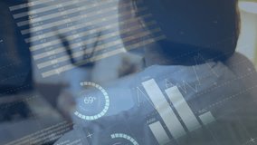 Animation of infographic interface over biracial woman working on laptop in office. Digital composite, multiple exposure, report, business, growth, progress, global and technology concept. - Powered by Shutterstock - Get 15% off with code: PIKWIZARD15