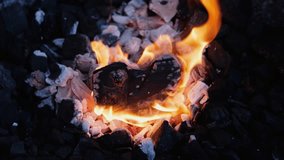 Slow-Motion Footage of a Heart-Shaped Piece of Wood Burning in the Center of a Charcoal Grill