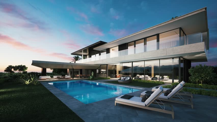 Modern private house at the dusk. 3d animation