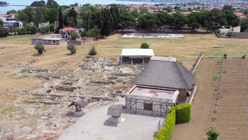 Aerial view of the historical Ionian city of Klazomenai, located in Urla district, with a drone