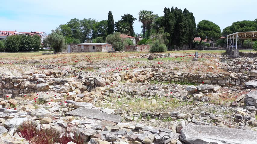 Aerial view of the historical Ionian city of Klazomenai, located in Urla district, with a drone