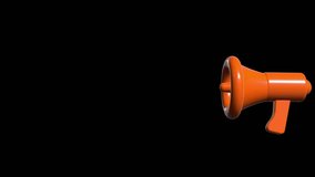 Loud shouting announcer megaphone on a blank black background. 3D rendering of speaker, 4K animation. Job announcement, social media, advertising, sales promotion template. Loopable video.