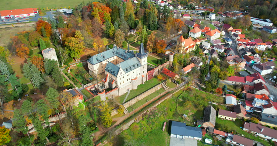 Castle building in the Czech Republic called Zruc nad Sazavou aerial fly view in 4K HDR HFR