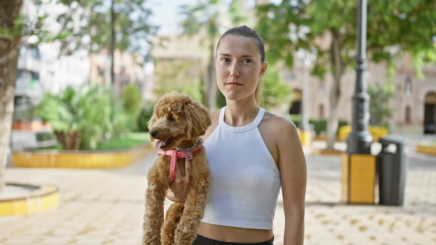 Young caucasian woman with dog hugging and walking at park