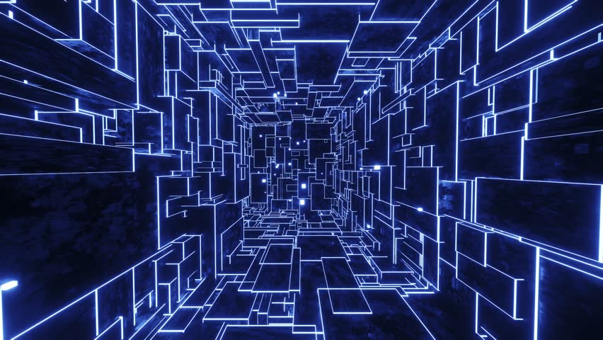 Flying through a glowing blue maze. Infinitely looped animation.