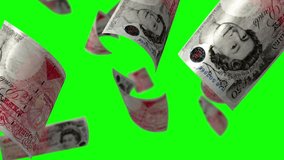  Falling  pound sterling banknotes in green screen, LOOP. Money of UK
