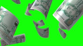 GBP. Falling  pound sterling banknotes in green screen, LOOP. Money of UK