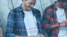 Animation of arrow on falling graph, diverse friends using smartphone. Digital composite, multiple exposure, report, reduction, loss, togetherness, abstract, business and technology concept. - Powered by Shutterstock - Get 15% off with code: PIKWIZARD15