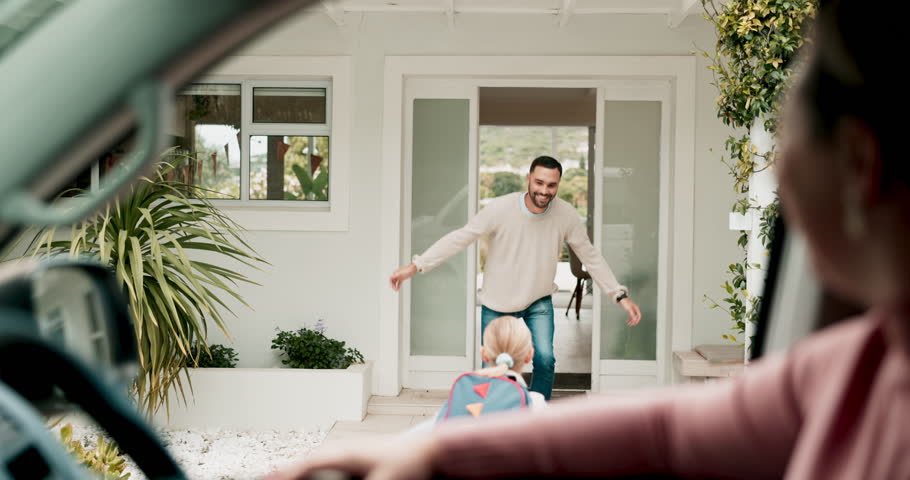 Dad, hug and welcome child home, afternoon after kindergarten and kid running for greeting, father or back to school. Hello, parent and girl happy to be with family, love and support at front door