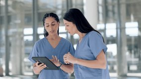 Nurses, women and advice on tablet in hospital for healthcare, telehealth analysis and online test results. Doctors, medical team and discussion with digital tech for planning data, research and help - Powered by Shutterstock - Get 15% off with code: PIKWIZARD15