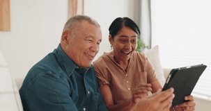 Wave, tablet and senior couple on video call for conversation, speaking and talking in home living room. Tech, hello and happy elderly man and woman in virtual chat, webinar and online communication