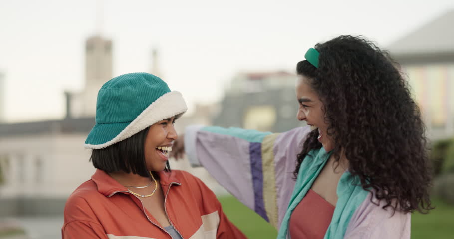 Hug, lesbian or happy gay couple with trust, care and pride in LGBTQ community with smile or support. Face, gen z women or excited people in nature for funny, date or commitment on holiday vacation Royalty-Free Stock Footage #1110914275
