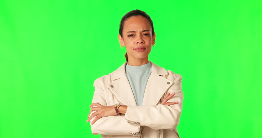 Thinking, face and woman in green screen studio with questions, choice or asking on mockup background. Idea, portrait and female model confused, doubt and why expression, emoji or brainstorm decision Royalty-Free Stock Footage #1110915133