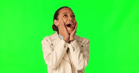Green screen, happiness and woman surprise, wow and looking at promotion notification, news announcement or information. Sales discount, chroma key opportunity and shocked person on studio background: film stockowy