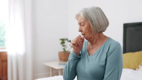 Sick, cough and senior woman in bed with allergies, sore throat and chest infection at home. Retirement, healthcare and elderly person in bedroom with illness, pain and asthma symptoms in morning - Powered by Shutterstock - Get 15% off with code: PIKWIZARD15