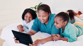 Children, mother and tablet and bed for online games, funny video and home education or happy learning. Girl kids, mom and african family relax on digital tech, streaming movies or selfie in bedroom