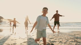 Beach, happy family parents and children running, energy and on outdoor vacation, summer holiday or fun travel games. Sunshine, sea sand and kids play pretend flying, airplane adventure and bonding - Powered by Shutterstock - Get 15% off with code: PIKWIZARD15