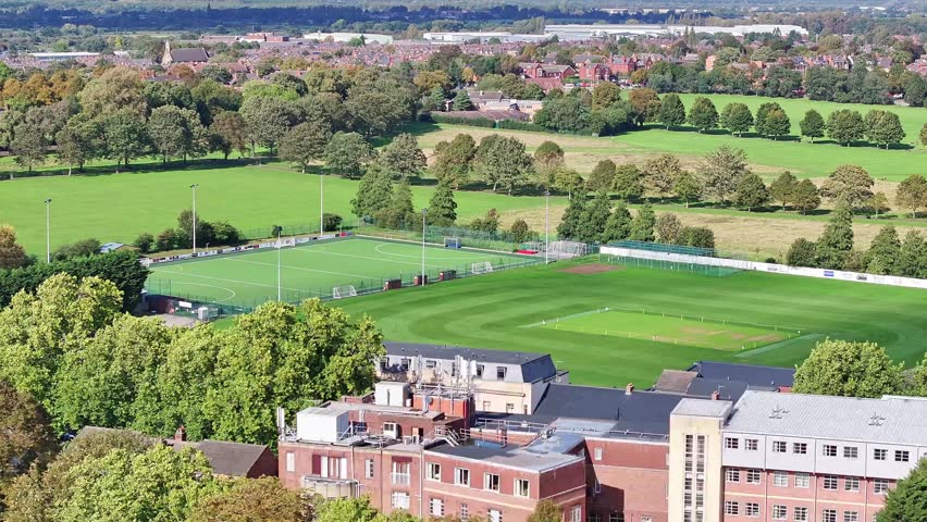 Hockey Field And Cricket Oval In Doncaster, UK. aerial ascend