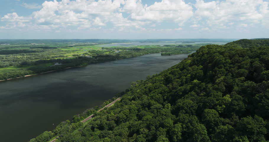 Scenery Of Great River Bluffs State Park On The Mississippi River In Winona, Minnesota, United States - aerial shot