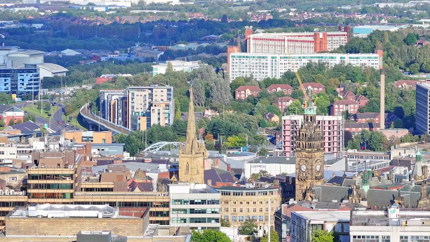 Panoramic View Of Sheffield City Centre And Historic Landmarks In South Yorkshire, England. Aerial Shot 