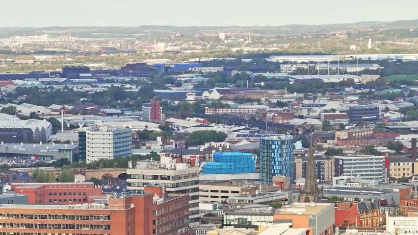 Aerial View Of Urbanization At The City Center Of Sheffield, South Yorkshire, England.