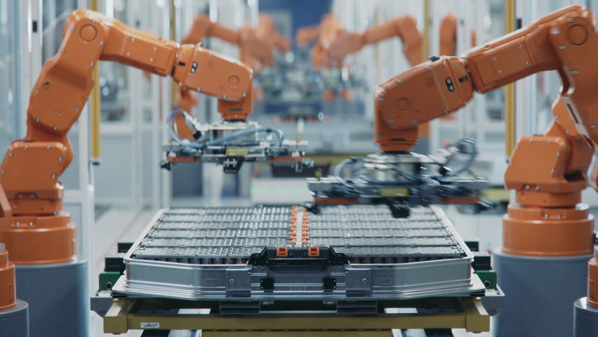 Close-up of Automated Production Line with Orange Robotic Arms. Time-lapse of EV Battery Pack for Automotive Industry Assembly. Electric Car Smart Factory. Manufacturing Line Equipped with Robot Arms | Shutterstock HD Video #1110926075