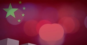 Animation of financial data processing, flag of china over flickering lights. Global business, finance, data processing and global economy concept digitally generated video.
