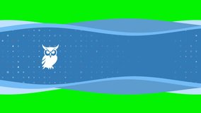 Animation of blue banner waves movement with white owl symbol on the left. On the background there are small white shapes. Seamless looped 4k animation on chroma key background