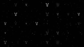 Template animation of evenly spaced hare's head symbols of different sizes and opacity. Animation of transparency and size. Seamless looped 4k animation on black background with stars