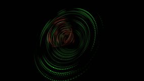 Animation of a musical tunnel on a dark background. Bright colored rectangles of red-yellow and green rotate in a funnel. They shimmer to the rhythm of the music. As if in space. 3d animation