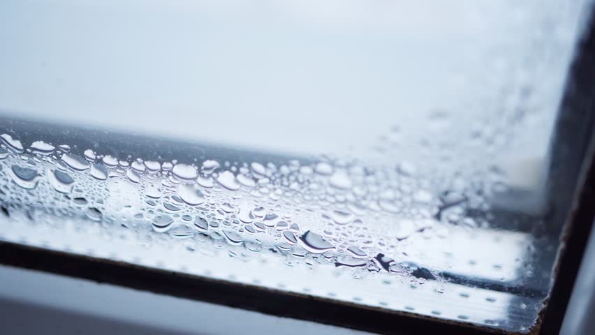 Condensation on the windows in the house. Drops of water, dampness and high humidity. Condensation close-up. Royalty-Free Stock Footage #1110929689