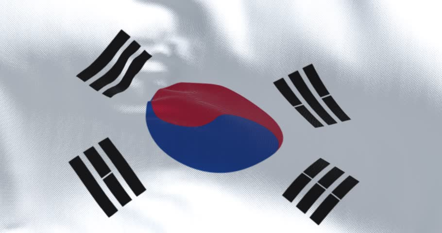 Close-up of South Korea national flag waving in the wind. White field, red-blue Taegeuk center, four black trigrams. Seamless 3d render animation. Slow motion loop. Rippling textured fabric background