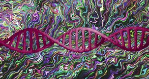 Rotating red dna strand over multicoloured liquid wave background. Science, technology, genetics, biology, medical research and healthcare, digitally generated video.