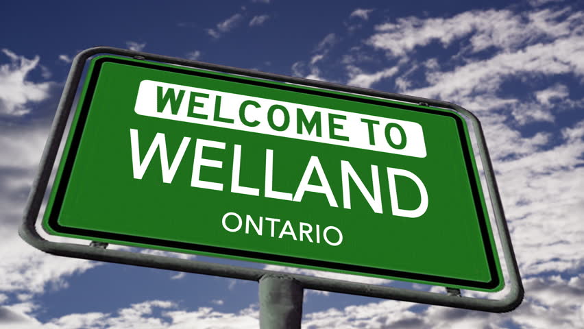 Welcome to Welland, Ontario. Canadian City Road Sign, Realistic 3D Animation