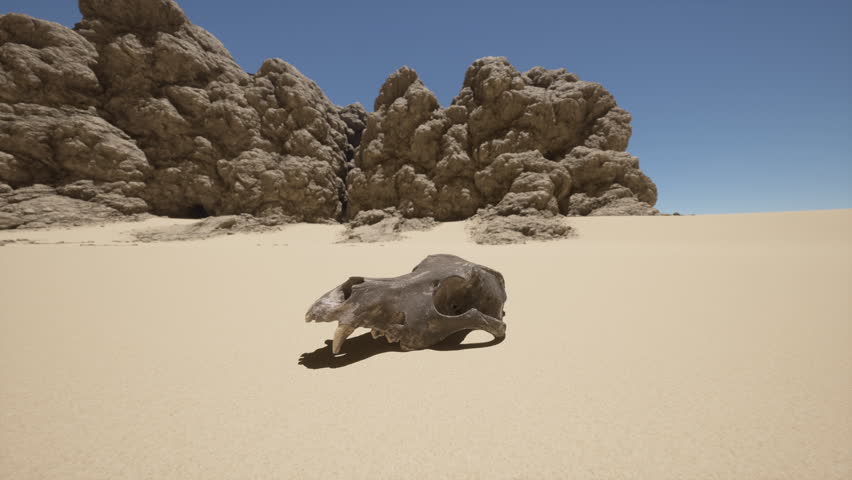 A skull of a dead animal in the barren desert landscape