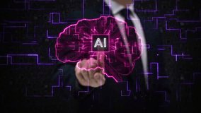 Male Hand Using Touchscreen with Holographic Brain over Circuit Board. Animation of Artificial Intelligence  IA Chip over Human Brain. Future Technology Concept. Deep Learning Futuristic AR. - Powered by Shutterstock - Get 15% off with code: PIKWIZARD15