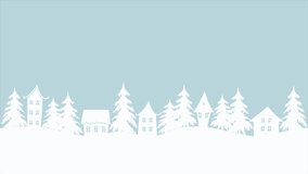 Christmas animation. Winter village. Fairy tale winter landscape. White houses and fir trees under snowfall on blue background. 