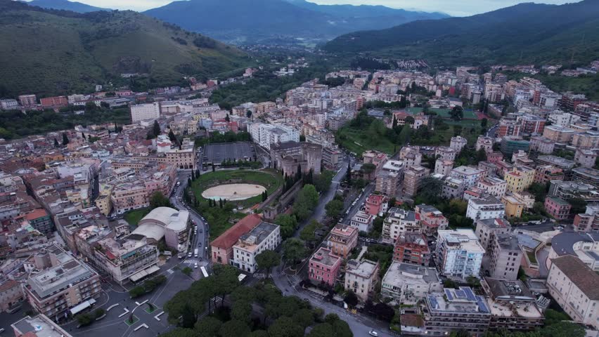 Rocca Pia historical castle at the centre of Tivoli, aerial toward