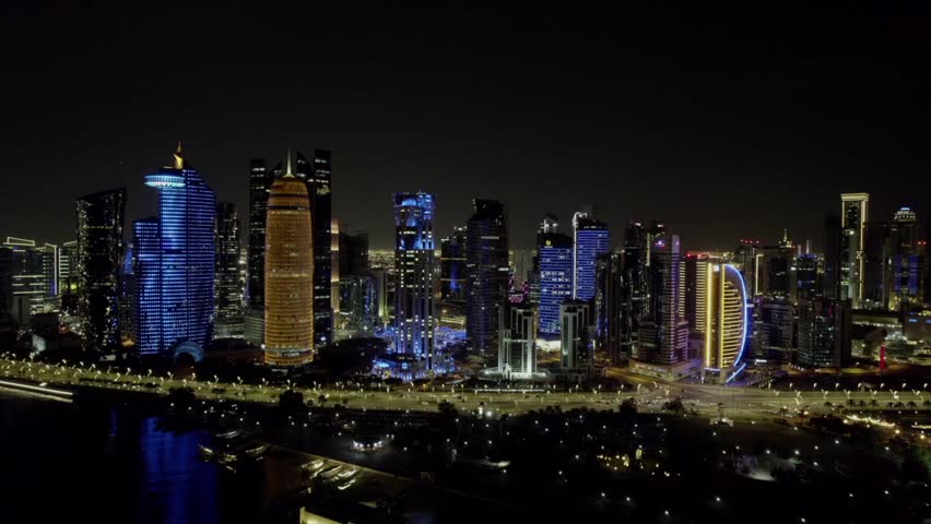 Drone View on skyscrapers in Doha downtown, Qatar, Persian Gulf, Arabian Peninsula.