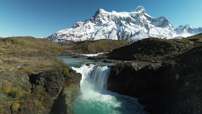 Salto Grande Waterfall in Torres del Paine National Park in Chile, Aerial