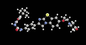 Quizartinib molecule, rotating 3D model of small molecule receptor tyrosine kinase inhibitor, looped video with alpha channel