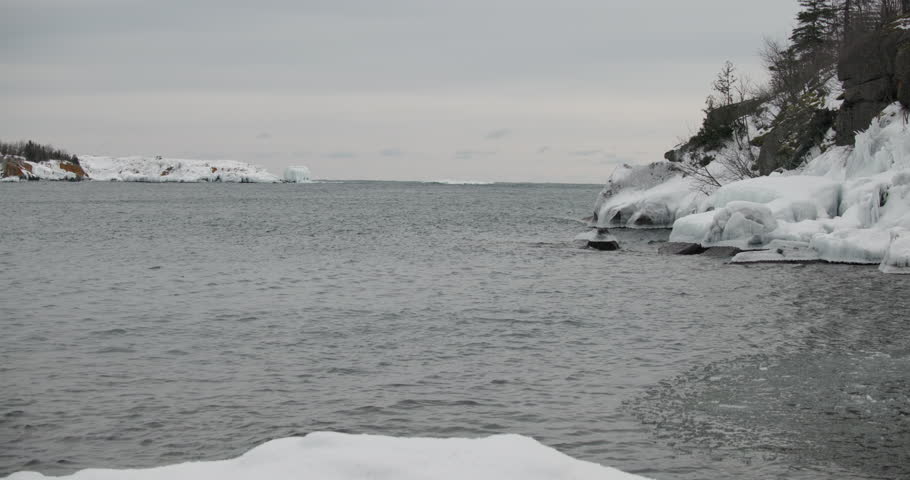 Lake Superior Shore or Shoreline in Winter with Snow Ice and Open Water