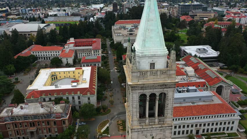 Aerial tilt shot rising in front of the Campanile, Sather Tower in Berkeley, USA